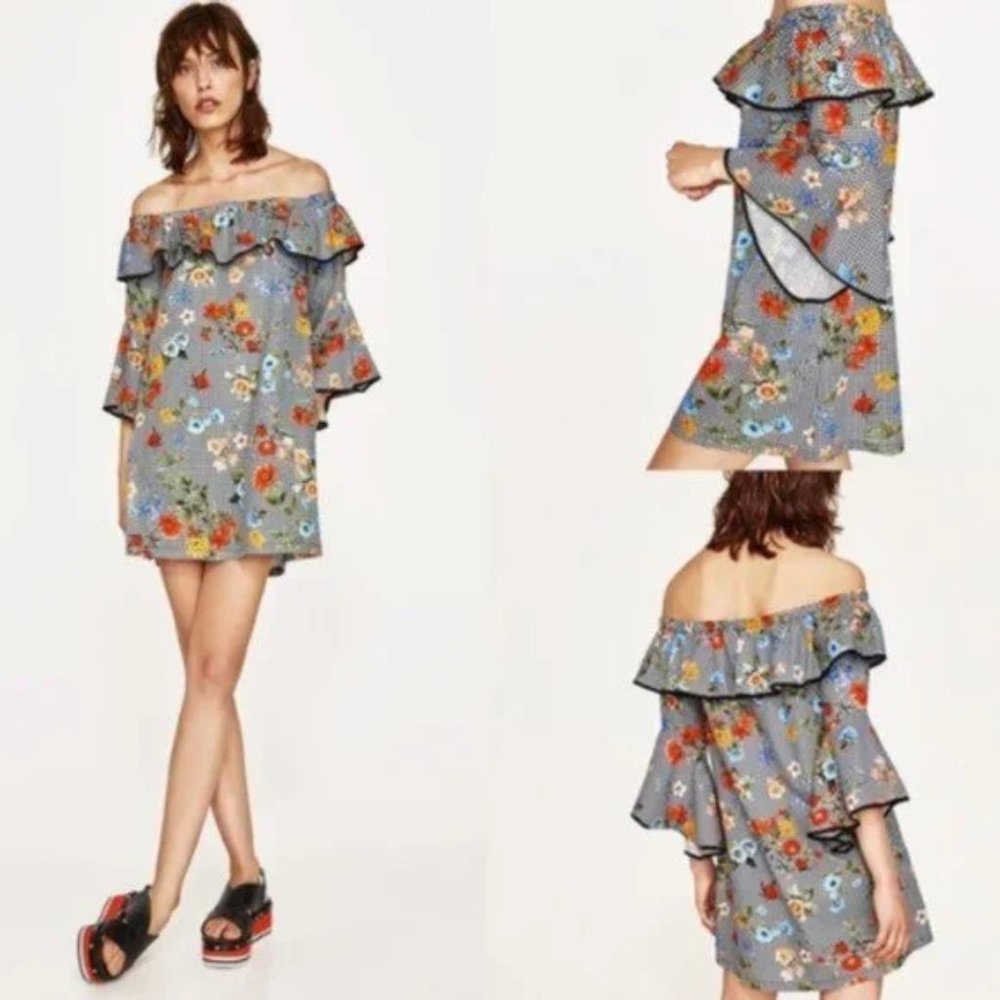 ZARA Gingham Floral Boho Dress Size S